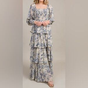 Blue Floral Tiered Long Sleeve Maxi Dress